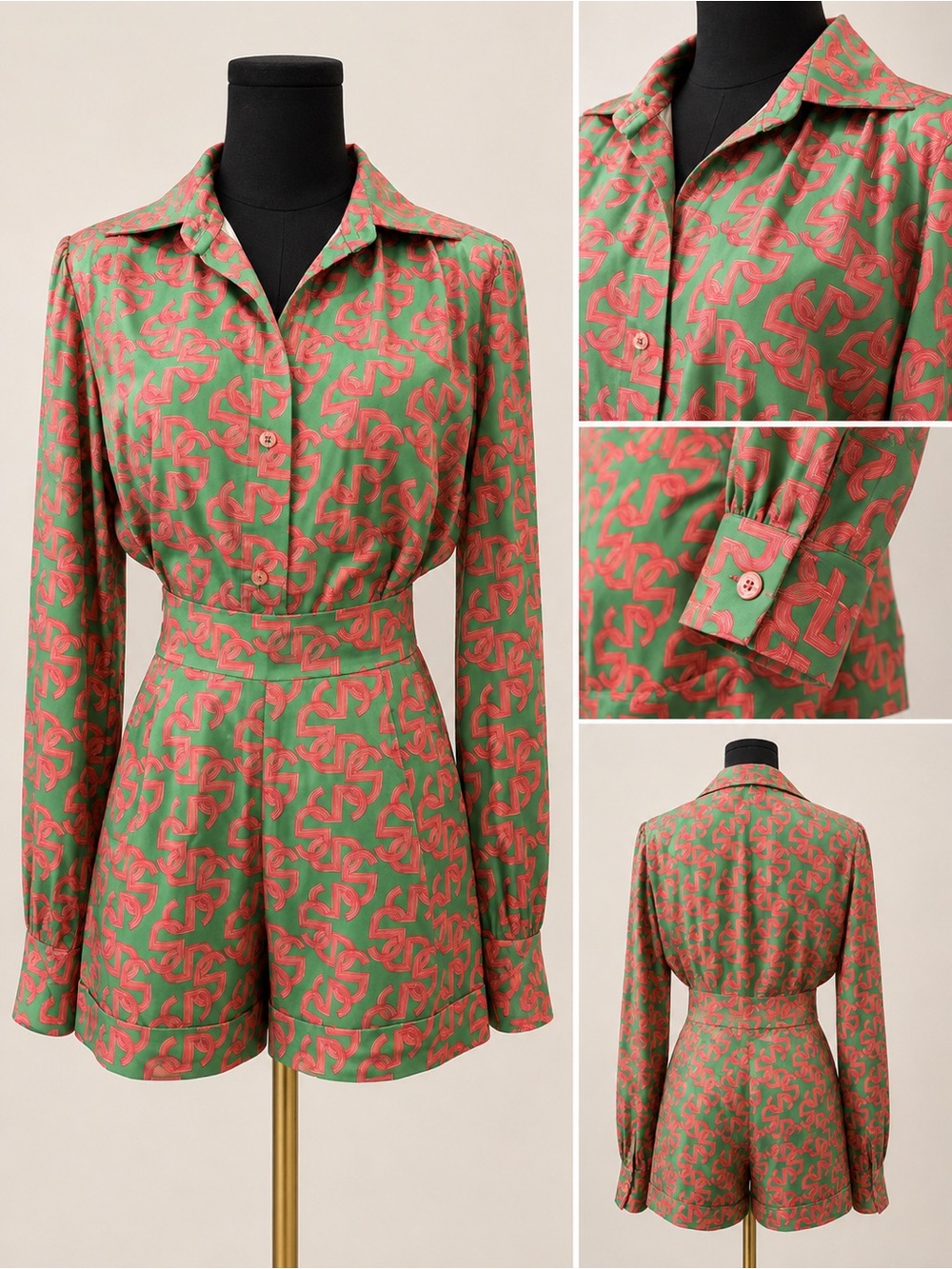Green & Coral Geometric Long-Sleeve Two piece set